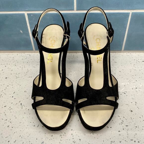 Chanel Interlocking CC Logo T-Strap Sandals 36.5 Black 2013 Lagerfeld With Box - Picture 3 of 16